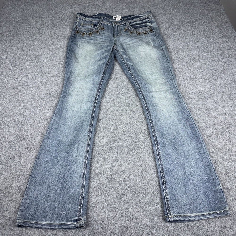 Mudd Flare Jeans Womens 11 Y2K Embellished Medium Wash Faded Blue Denim Retro